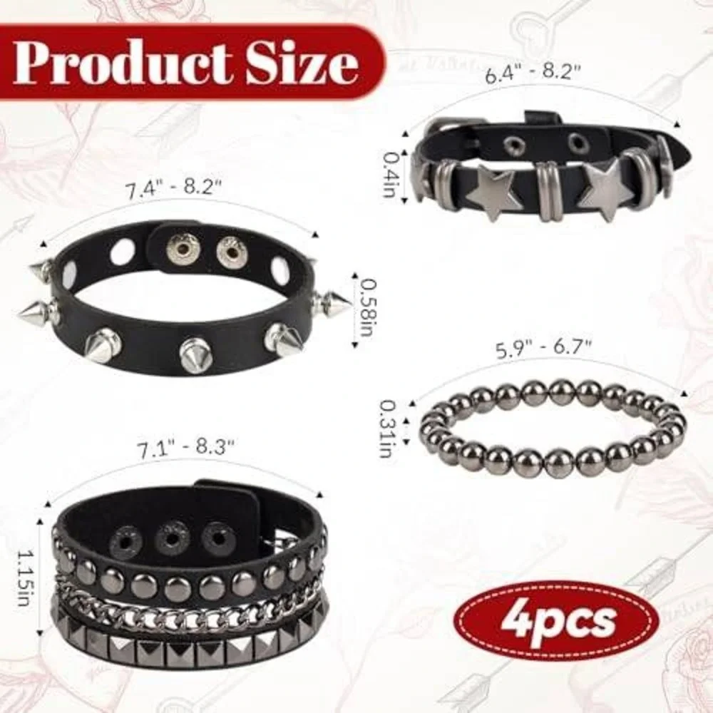4Pc Punk Rock Studded Bracelet Set Black Faux‎ Leather Spiked Star Goth Grunge